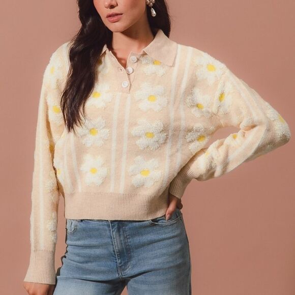 SO ME Floral Stripe Polo Collar Sweater Floral Knit Sweater with Daisies - Picture 2 of 7